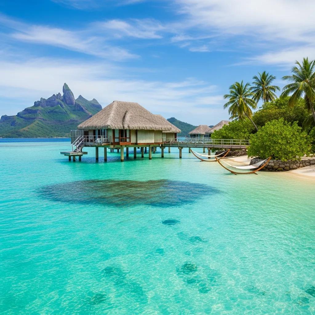 Luxurious overwater bungalow in Bora Bora surrounded by turquoise waters