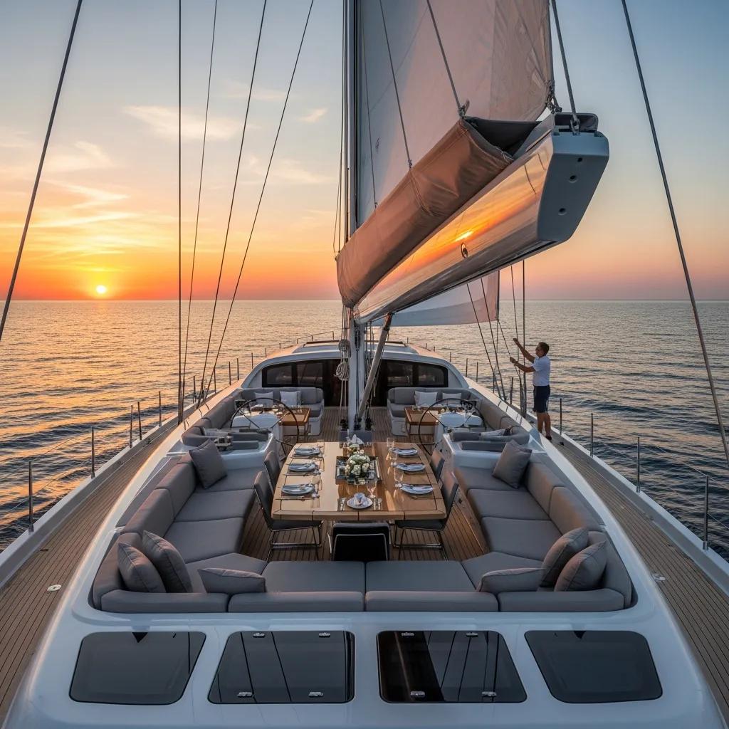 Elegant private yacht sailing at sunset, showcasing luxury travel experiences